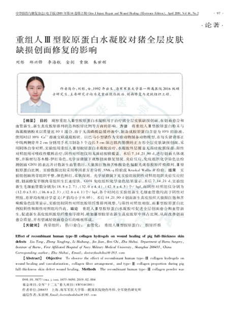 2019 動物研究,重組人Ⅲ型膠原蛋白水凝膠對豬全層皮膚缺損創(chuàng)面修復(fù)的影響